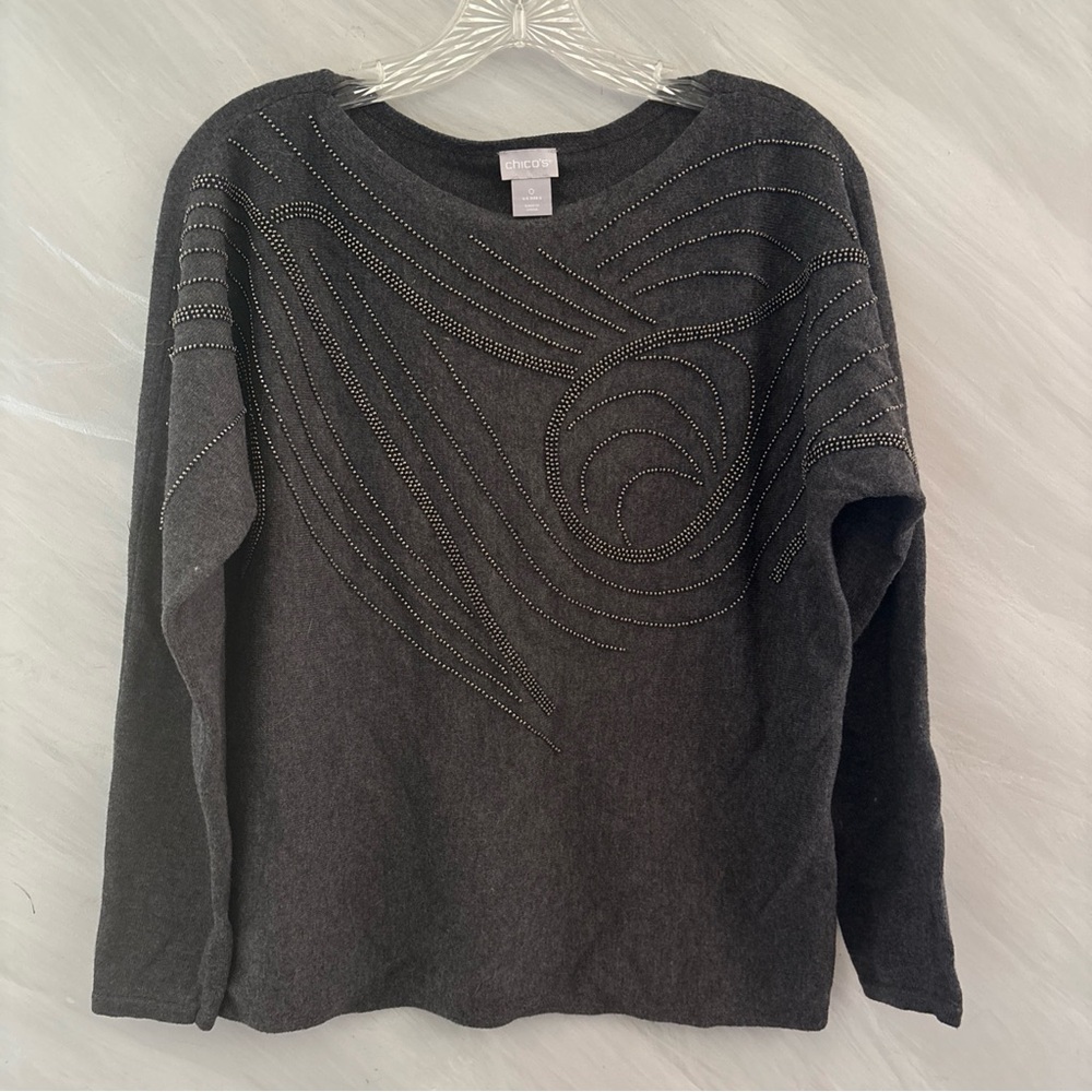 Chico’s 0 (XS) Gray Bateau Neck Cotton/Cashmere Blend Beaded Dolman Sweater